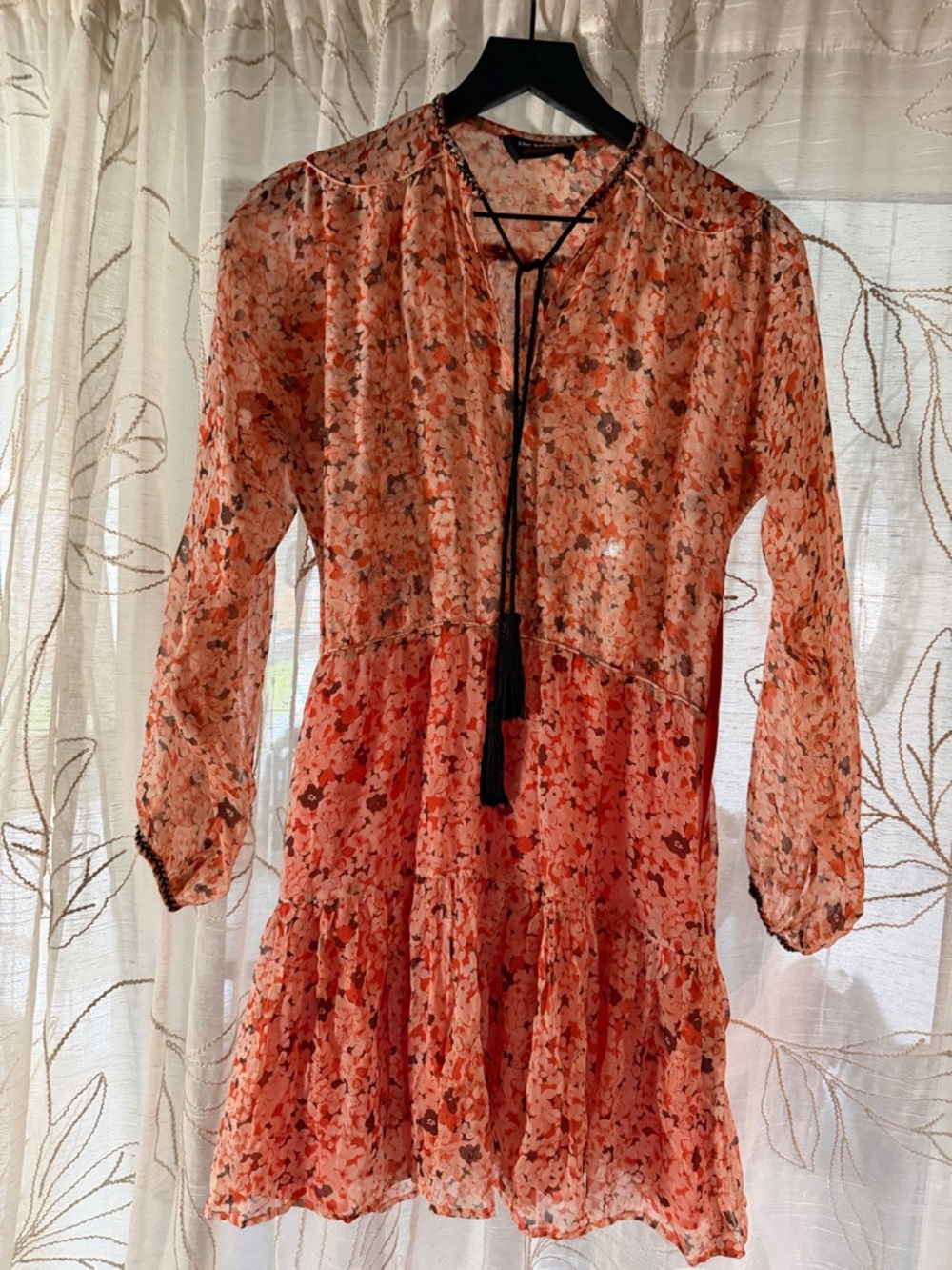 The Kooples Coral Floral Long-Sleeve Tiered Dress with Tassel Tie
